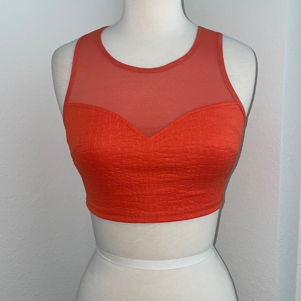 2B BEBE orange animal embossed sweetheart neck mesh crop top with keyhole in XS - Picture 2 of 11